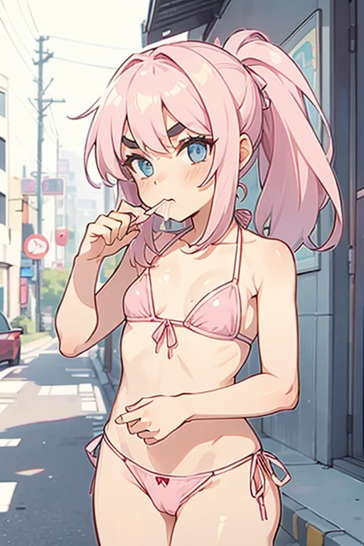a girl with pink hair, long double-tailed hairstyle ((small pink bushy eyebrows)), wearing ta bikini, marked vagina, loli(Zankuro) drawing style by zankuro artist, ザンクロー style, image uploaded to R34, girl sucking penis cum bubbling out of her mouth, on a street, girl giving a handjob to a man, girl tasting a finger
