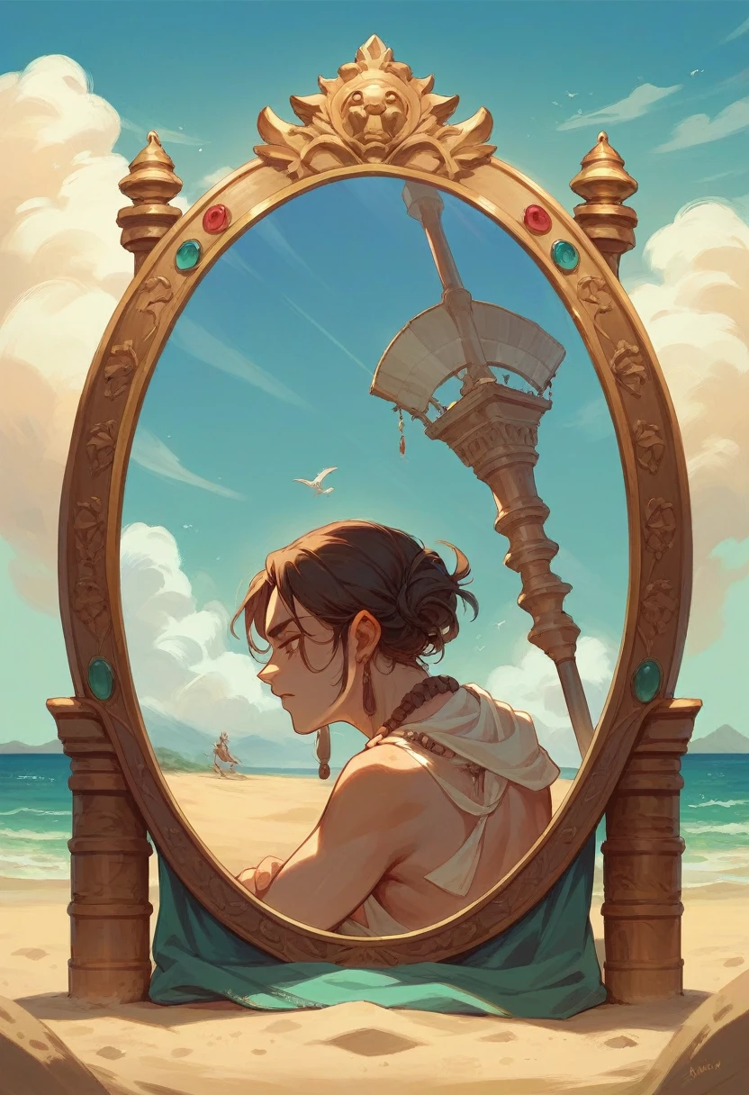 An ancient mirror buried in the sand on the beach and the sky is the universe with unicorns