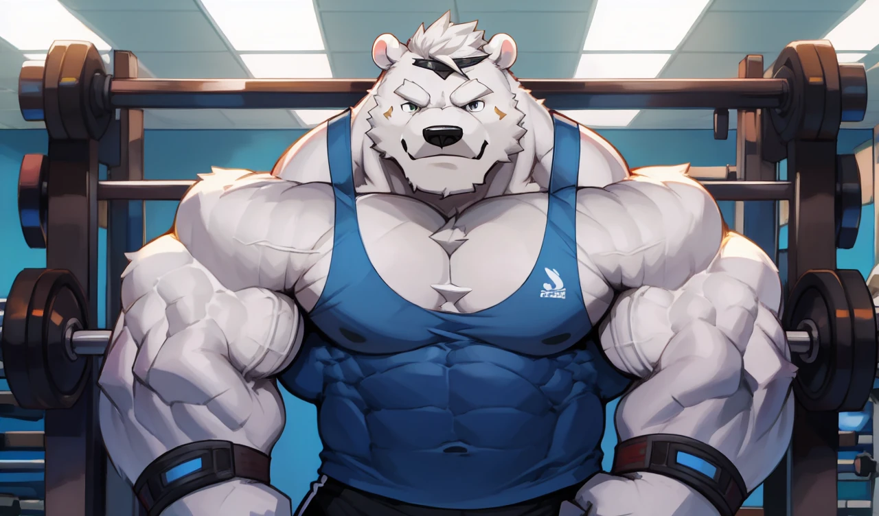 Brock Ólafsson The Huge Muscled Polar Bear, with White Hair, Blue Tank Top, Black Wristbands and Black Gym Shorts, Flexing His Thorax.