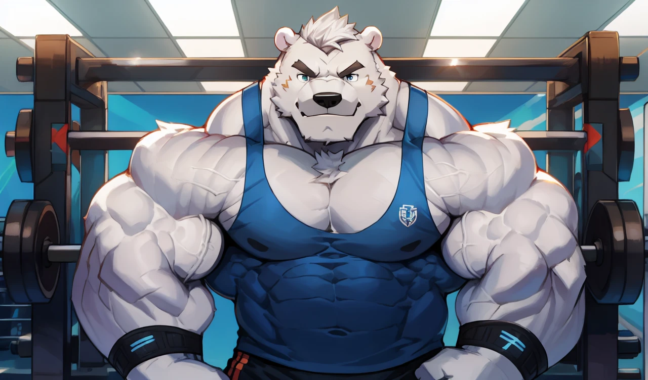 Brock Ólafsson The Huge Muscled Polar Bear, with White Hair, Blue Tank Top, Black Wristbands and Black Gym Shorts, Flexing His Thorax.