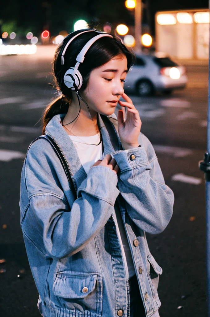 Generate image of 20 year old girl for my story, that she's stressed, she's in love, she's dreaming, she's listening to music in streets as someone is singing, she met an accident with car.
