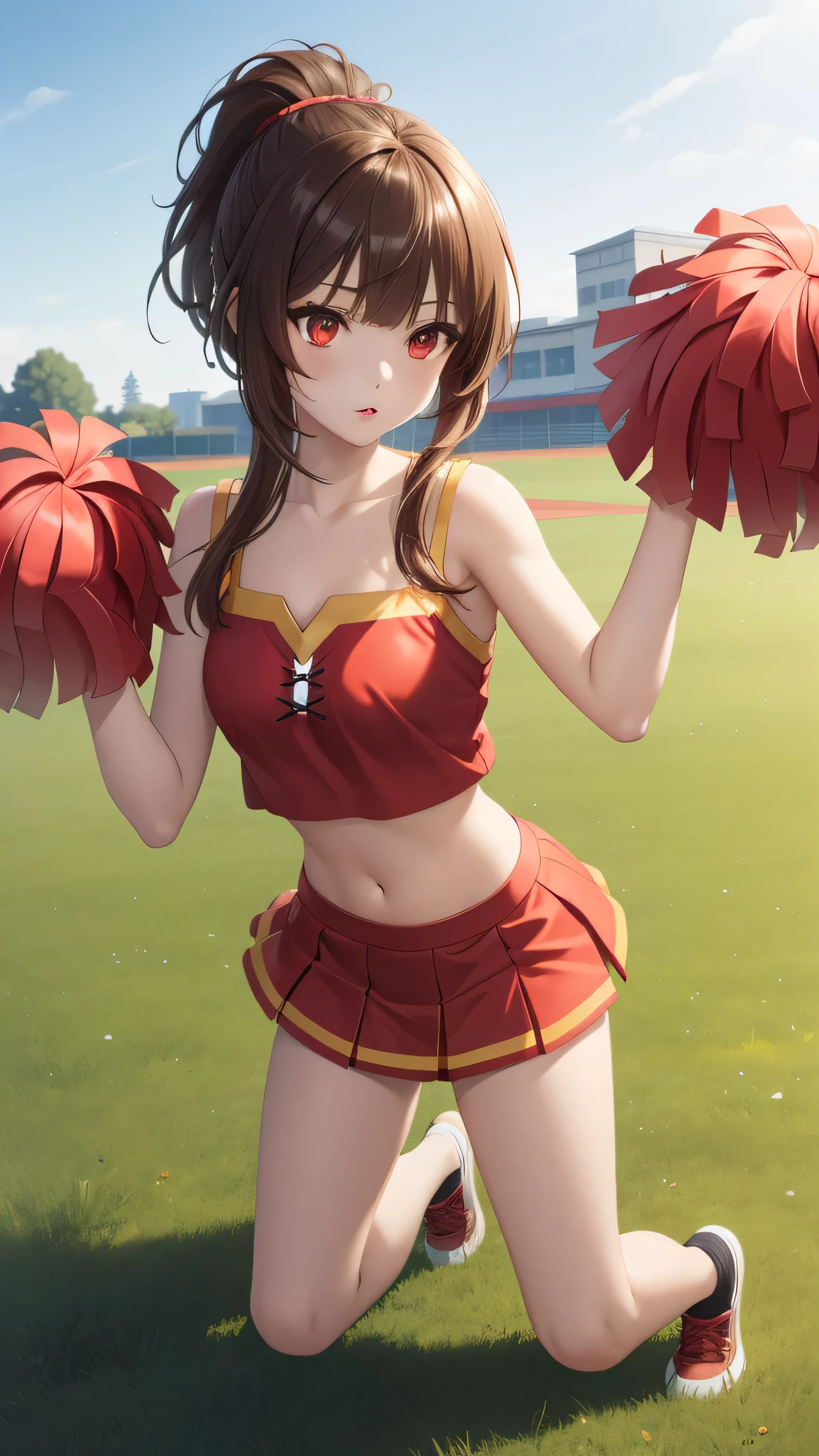 megumin, 1girl, natural lighting, masterpiece, highly detailed, illustration, game CG, absurdres, high quality, (red eyes:1.2), beautiful detailed eyes, brown hair, short hair, ponytail, bangs, glossy lips, collarbone, cheerleader, midriff, school field, full body