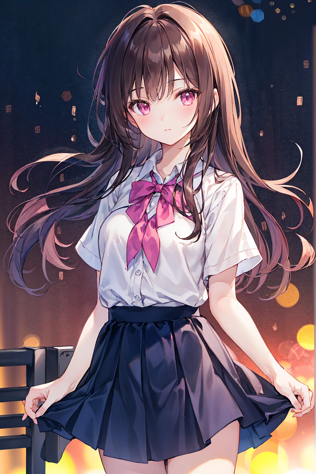 Dark brown hair color,Pale pink eyes,apricot pink school top,Navy Straight Skirt,Kind girl,((Highest quality)), (Very detailed), (High-definition CG synthesis 8K wallpaper), 高いly detailed, 高い-definition raw color photos, Professional photography, (((Bokeh))), Written boundary depth,