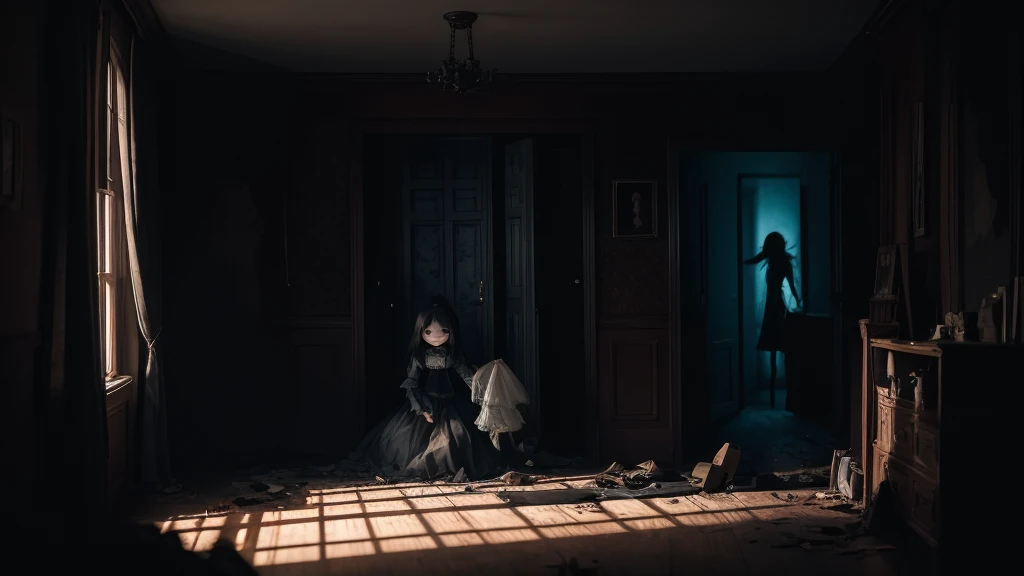 Amid the panic, one of the agers tripped and fell, knocking over a dusty box. Upon opening the box, a broken doll appeared, its empty eyes fixed on the teens. A chill ran down their spines as a ghostly laugh filled the air. The scene should depict the interior of the haunted mansion with a teenagerthe floor, a broken doll emerging from a box, and an eerie, ghostly atmosphere filled with tension and fear.