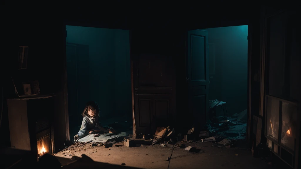 Amid the panic, one of the agers tripped and fell, knocking over a dusty box. Upon opening the box, a broken doll appeared, its empty eyes fixed on the teens. A chill ran down their spines as a ghostly laugh filled the air. The scene should depict the interior of the haunted mansion with a teenagerthe floor, a broken doll emerging from a box, and an eerie, ghostly atmosphere filled with tension and fear.
