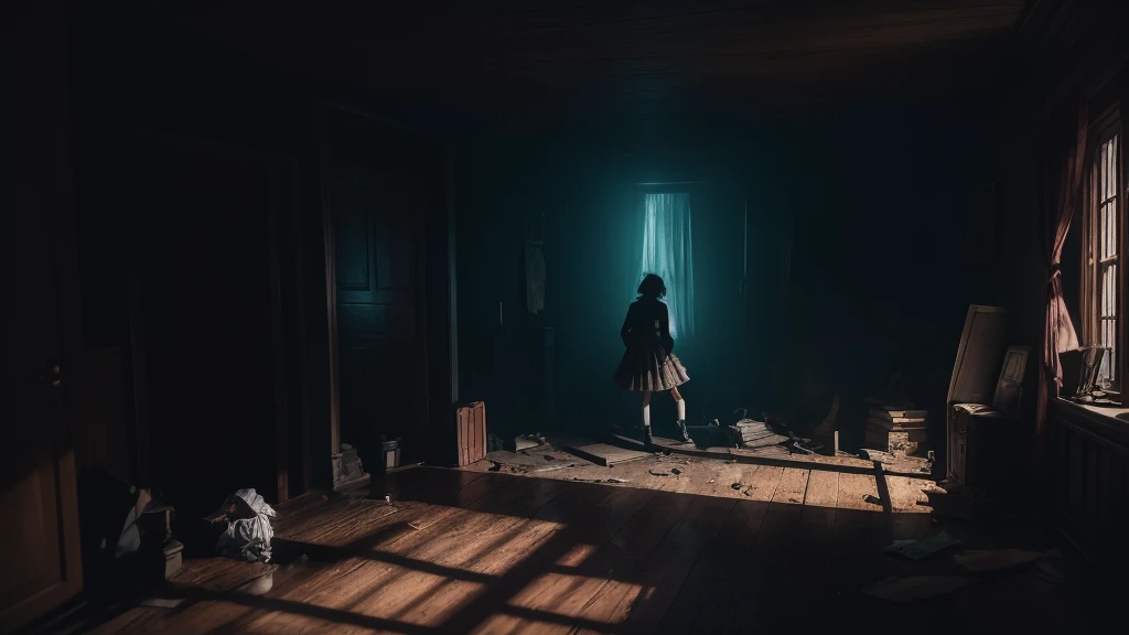 Amid the panic, one of the agers tripped and fell, knocking over a dusty box. Upon opening the box, a broken doll appeared, its empty eyes fixed on the teens. A chill ran down their spines as a ghostly laugh filled the air. The scene should depict the interior of the haunted mansion with a teenagerthe floor, a broken doll emerging from a box, and an eerie, ghostly atmosphere filled with tension and fear.