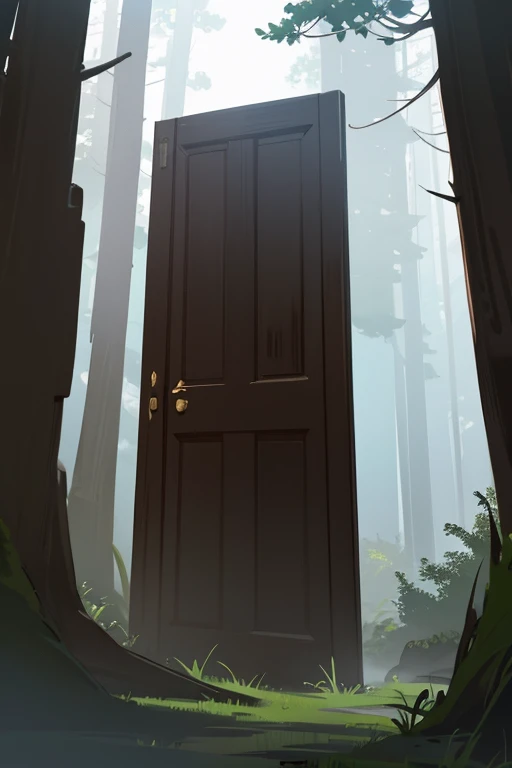  simple and mysterious door, in the middle of the forest with fog around.