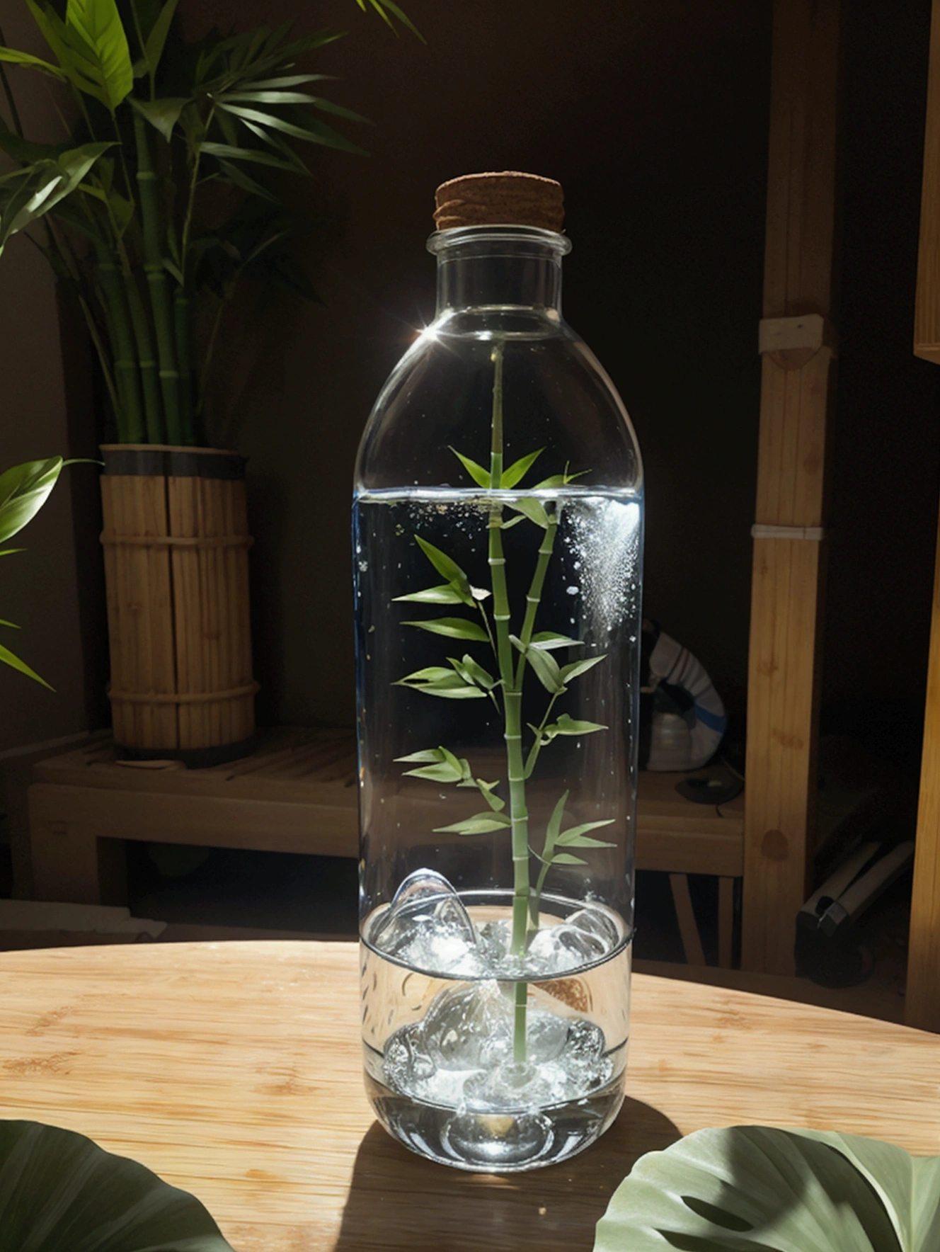 Generate a water bottle, should have a slight curve, similar to a hip, and be a little wider than usual. The bottle must be completely transparent. Fill the bottle with water, and also fill a similar glass of water. The bottle cap must have a bamboo straw integrated into one piece. On both sides of the bottle, place blue flowers and beautiful leaves in the background of the stage. Adjust the lighting to be hyper-realistic, with the light coming from the left side. Make sure everything appears to be in the same place at the same time. High quality image. Bring the camera closer to the bottle, make the bamboo lid with the Carrizo integrated into the design, give the bottle a rounded shape