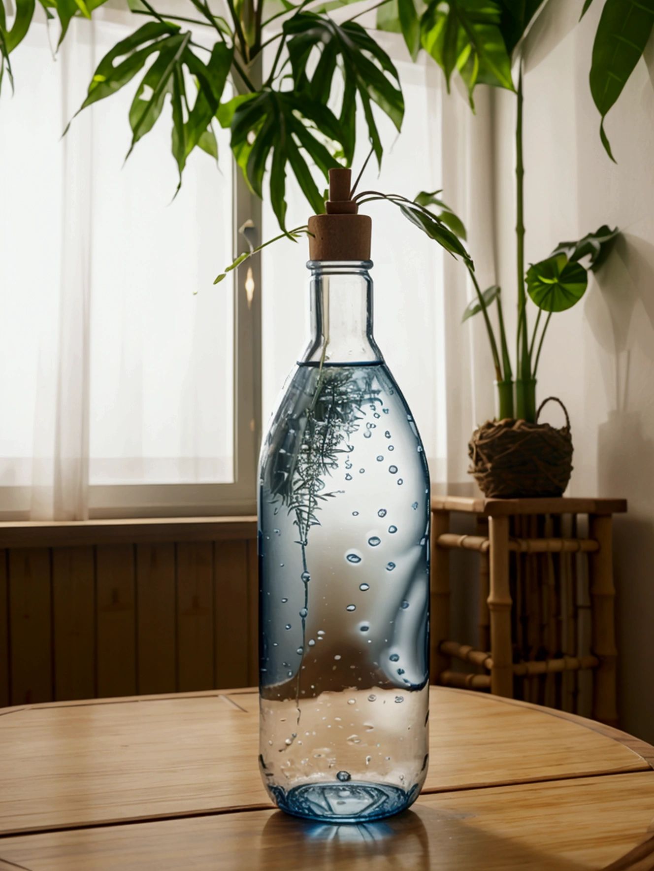 Generate a water bottle, should have a slight curve, similar to a hip, and be a little wider than usual. The bottle must be completely transparent. Fill the bottle with water, and also fill a similar glass of water. The bottle cap must have a bamboo straw integrated into one piece. On both sides of the bottle, place blue flowers and beautiful leaves in the background of the stage. Adjust the lighting to be hyper-realistic, with the light coming from the left side. Make sure everything appears to be in the same place at the same time. High quality image. Bring the camera closer to the bottle, make the bamboo lid with the Carrizo integrated into the design, give the bottle a rounded shape