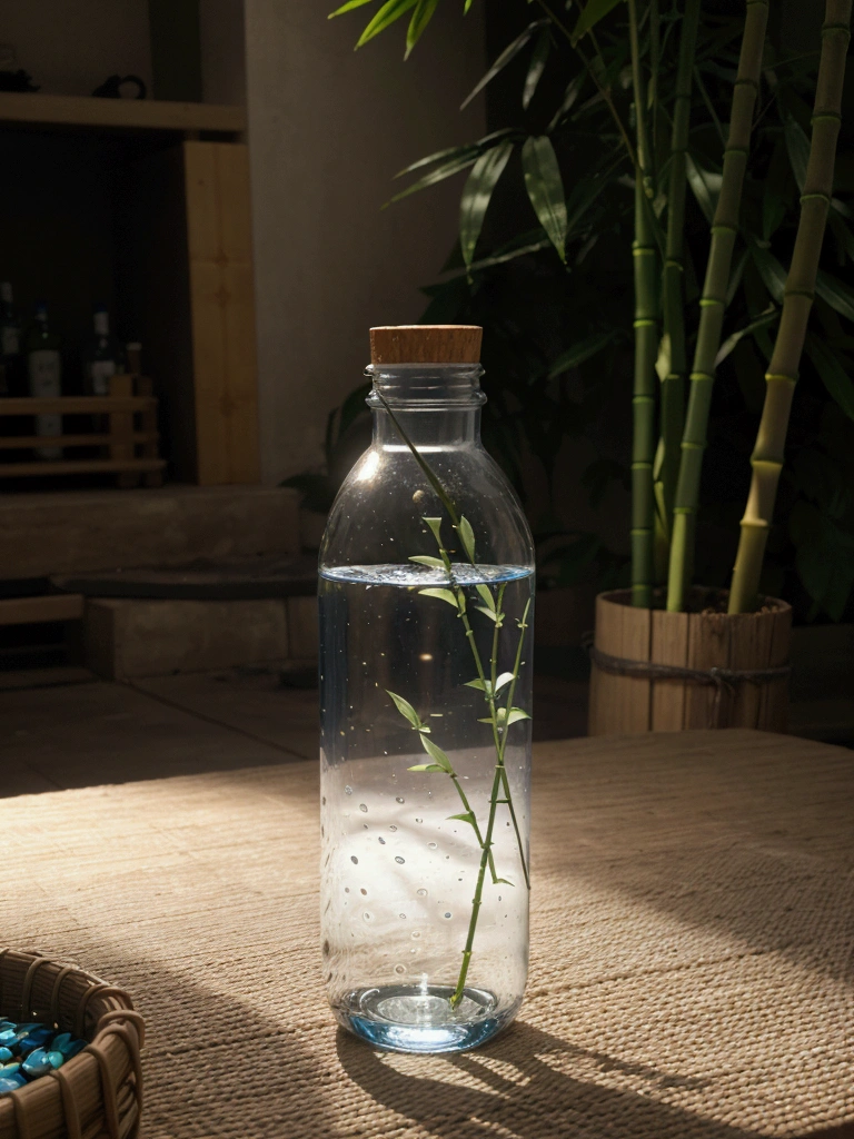 Generate a water bottle, should have a slight curve, similar to a hip, and be a little wider than usual. The bottle must be completely transparent. Fill the bottle with water, and also fill a similar glass of water. The bottle cap must have a bamboo straw integrated into one piece. On both sides of the bottle, place blue flowers and beautiful leaves in the background of the stage. Adjust the lighting to be hyper-realistic, with the light coming from the left side. Make sure everything appears to be in the same place at the same time. High quality image. Bring the camera closer to the bottle, make the bamboo lid with the Carrizo integrated into the design, give the bottle a rounded shape