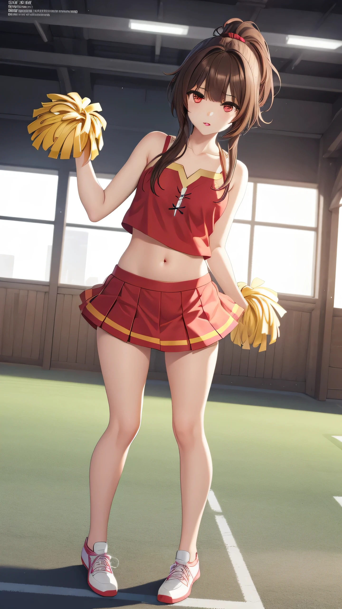 megumin, 1girl, natural lighting, masterpiece, highly detailed, illustration, game CG, absurdres, high quality, (red eyes:1.2), beautiful detailed eyes, brown hair, short hair, ponytail, bangs, glossy lips, collarbone, cheerleader, midriff, school field, full body
