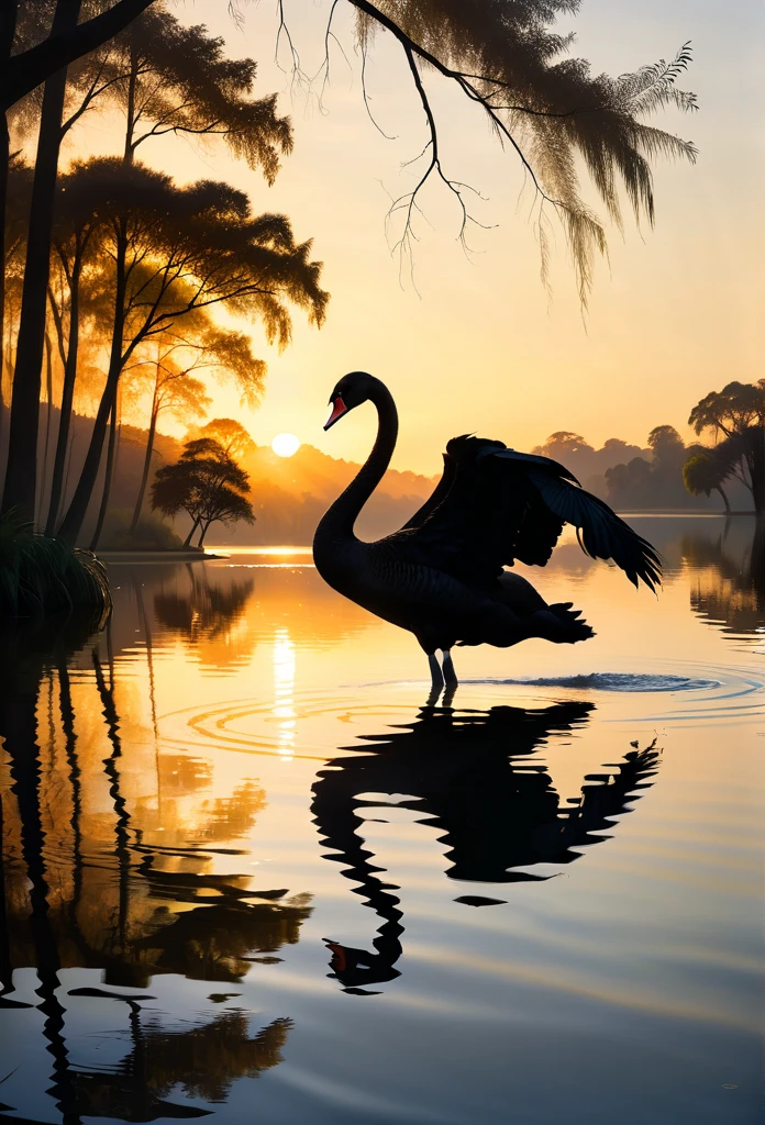 "A majestic black swan glides gracefully over a tranquil lake at dusk, its black feathers shining softly in the golden light of the setting sun. Ao fundo, the silhouettes of tall, slender trees are reflected in the water, creating a serene and charming setting."