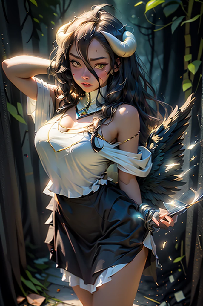 Masterpiece, Best Quality, ultra detailed, illustration, epic lighting, cinematographic composition, isometric,(Hexagon:1.2), 1 girl, horns, Alone, yellow eyes, black fur, wide, (low wings:1.2), slit pupils, neckline, bare shoulders, hair between the eyes, big breasts, (White dress:1.1), golden ornaments, detached neck, session, standing, looking at the viewer, half closed eyes, (looking at the viewer:1.1), Chapped lips, blush, In the woods, particle effects,