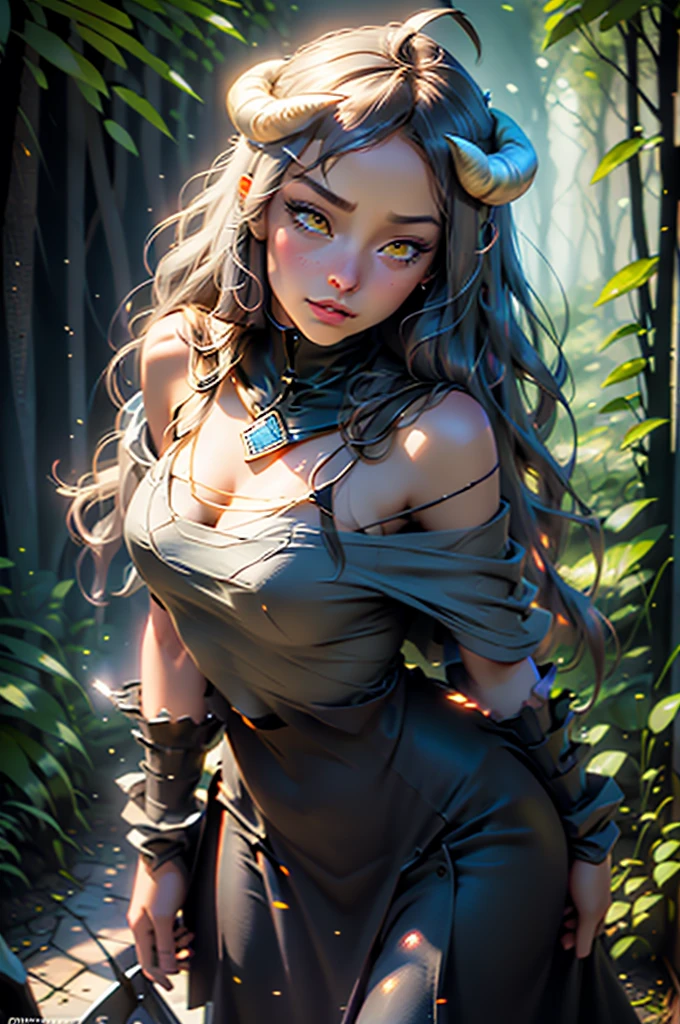 Masterpiece, Best Quality, ultra detailed, illustration, epic lighting, cinematographic composition, isometric,(Hexagon:1.2), 1 girl, horns, Alone, yellow eyes, black fur, wide, (low wings:1.2), slit pupils, neckline, bare shoulders, hair between the eyes, big breasts, (White dress:1.1), golden ornaments, detached neck, session, standing, looking at the viewer, half closed eyes, (looking at the viewer:1.1), Chapped lips, blush, In the woods, particle effects,