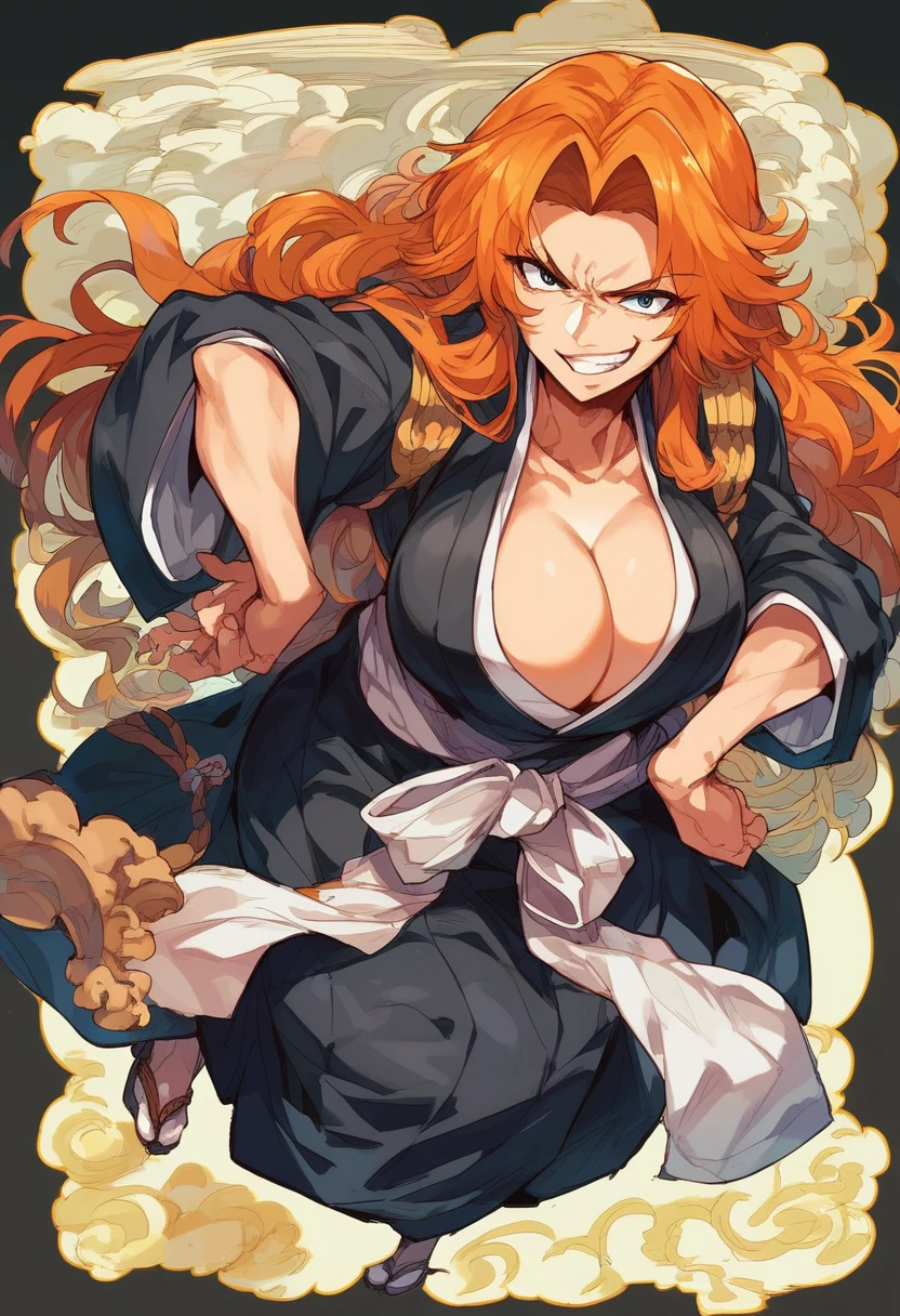 ""Rangiku Matsumoto - Black Kimono" arms crossed, smirking face, insanely detailed and intricate, High quality, high coherence, deep focused image, full-length photo, anatomically correct, long orange hair, cleavage, perfect nose, perfect eyes, looking at viewer, in a ancient Japanese city, at night, hypermaximalist, beautiful, appealing, attractive, super detailed, popular on Flickr, published on March 19, 2018” 