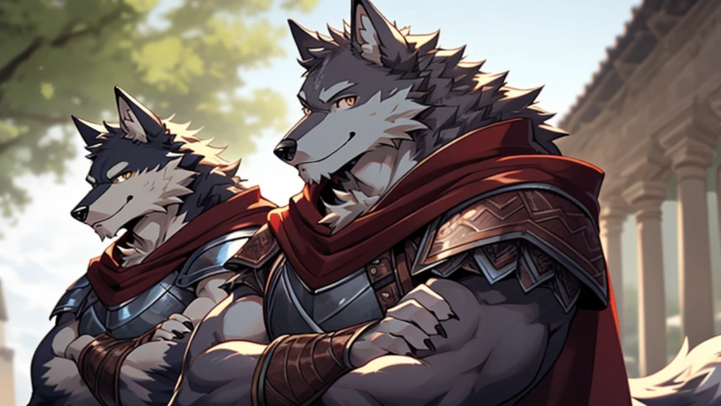 One scene of movie, depth of field, motion blur, absurdres, looking at viewer, (best quality), (masterpiece), (ultra detailed), sharp focus, niji, eyesgod, black eye, furry, trio, light-white fur, brown fur, black beard, close up face, profile picture, crossed arms, wink eye, smile, anthro (wolf), male, (wolf), middle-aged, muscular, knight costume, long red cherry cloak, ultra detailed face