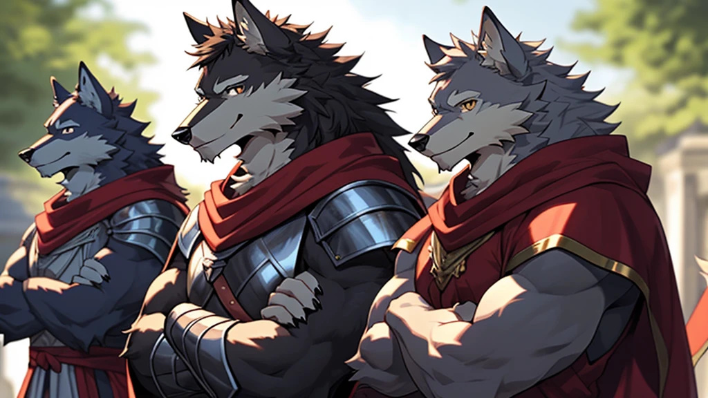One scene of movie, depth of field, motion blur, absurdres, looking at viewer, (best quality), (masterpiece), (ultra detailed), sharp focus, niji, eyesgod, black eye, furry, trio, light-white fur, brown fur, black beard, close up face, profile picture, crossed arms, wink eye, smile, anthro (wolf), male, (wolf), middle-aged, muscular, knight costume, long red cherry cloak, ultra detailed face