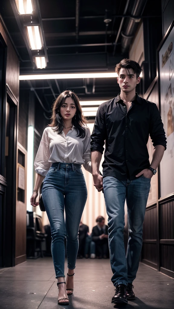 "Create a realistic illustration of a 25-year-old couple running out of a nightclub, holding hands, looking like they are running away or hiding from someone. He has short hair and wears a formal shirt with jeans.. She has dark hair, indigenous colored skin, approximately 1,60m tall and weighs 85kg, wearing an elegant dress. The club is full of colorful lights and people dancing in the background. The lighting of the scene should reflect the lively atmosphere of the club, with flashing lights and a vibrant atmosphere, highlighting the urgency and tension of the couple walking out the door."