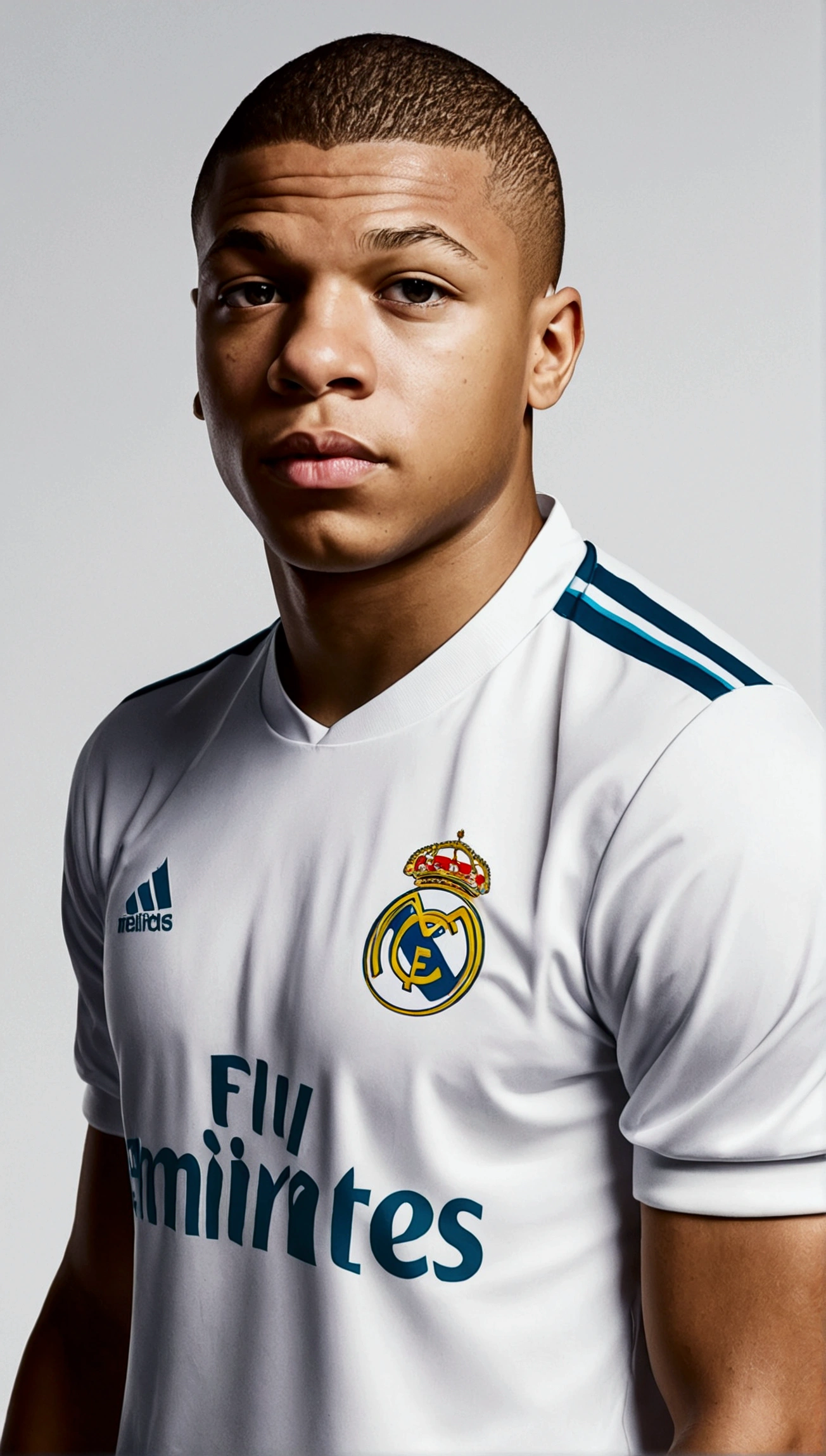 Kyllian Mbappe with the real madrid team shirt in anime style , Standard scenario , stare , (( Image without deformities )) , better resolution , Best Quality , raw work