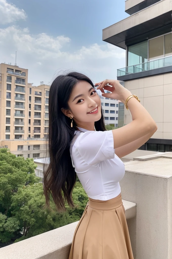 Rooftop of university building, 4th year university student, ((full body)), ((photo)), ((best qualtiy, 8K, tmasterpiece:1.3)), Focus:1.2, perfect figure beautiful girl:1.4, 1girl, cowboy shot, look at viewer, eyes facing the camera, incredibly absurd, beautiful and cute girl with a photorealistic face, showcasing top-quality craftsmanship, A Japanese girl watching the sunset on the roof of a university building, 19 years old, long, straight, silky black hair, fair skin, big eyes, thin eyebrows, double eyelids, long eyelashes, pink lips, smile, devilish smile, gorgeous features, well-defined facial features, beautiful face line, mysterious beauty, slender, tall, well-balanced proportions, large E-cup breasts, white shirt, tight black skirt, beige pumps, gold necklace and bracelet, small earrings, elegant ring, pretty girl, beauty, devilish type, pretty older sister, passionate about art, sociable, friendly, positive, has leadership skills, is proactive, is flexible, gets things done efficiently, works hard towards dreams and goals, March