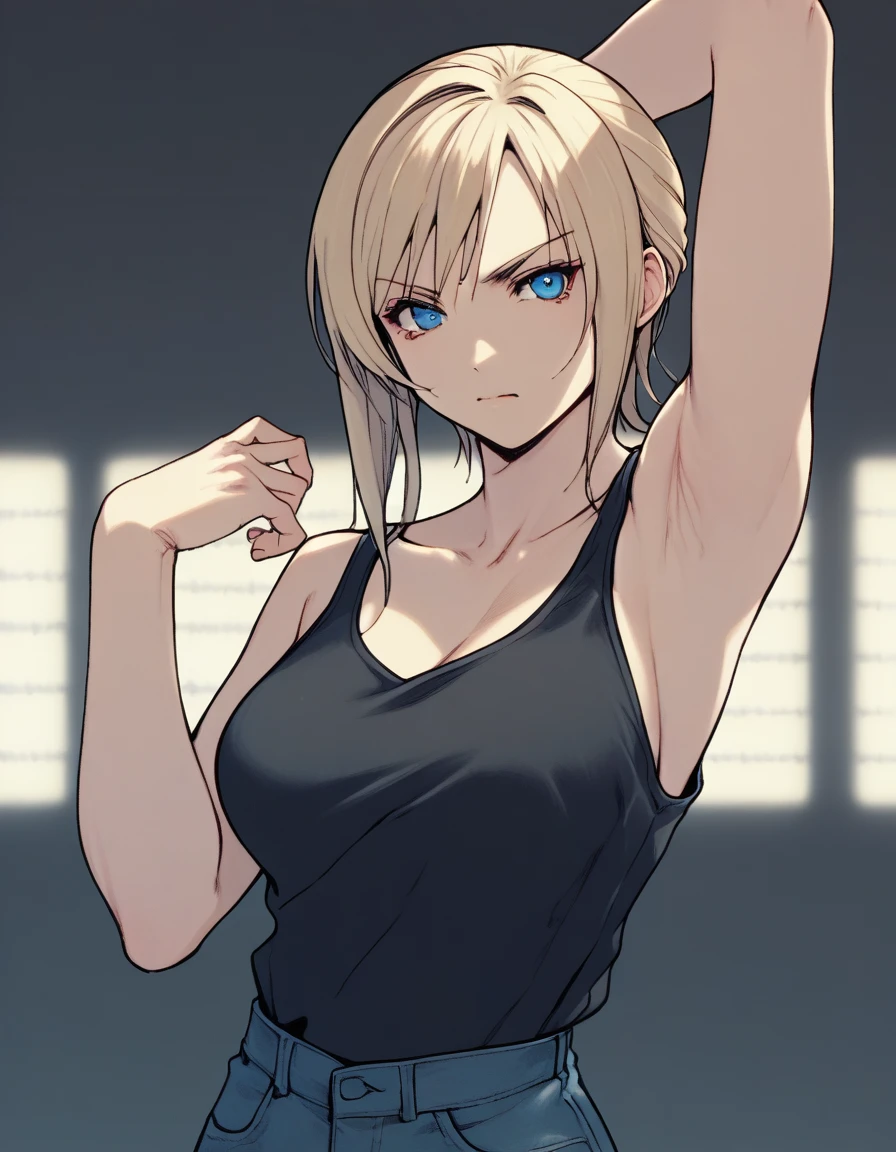 Aya Brea is、Video game characters、She has short blonde hair with shoulder-length side bangs.。The character has blue eyes、Gives a sharp, focused gaze。masterpiece、Highest quality、Highly detailed illustration、Strong lighting、composition、isometric、One adult woman、Very large breasts、Black Tank Top、Black skinny pants、Attractive pose with arms raised、Upper body exposed、Naked Face、Shut up、 (8k:1.1)、