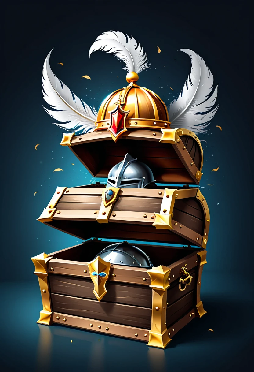 Create a vector treasure chest, simple and open, knight crown and helmet with feather flying out of the chest