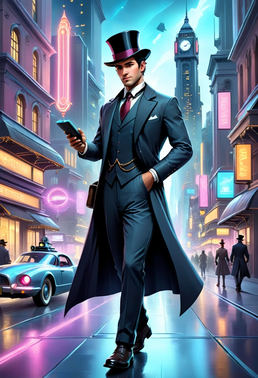 Hyper-realistic digital painting of a Victorian-era time traveler stepping into a bustling futuristic city. The traveler, dressed in an elegant Victorian suit and top hat, holds a glowing time device. The city is filled with towering skyscrapers, flying cars, and neon lights. People in futuristic attire hurry by, unaware of the traveler's presence. The contrast between the traveler's old-fashioned look and the advanced technology around him creates a striking and intriguing scene. Cinematic composition, trending on ArtStation.