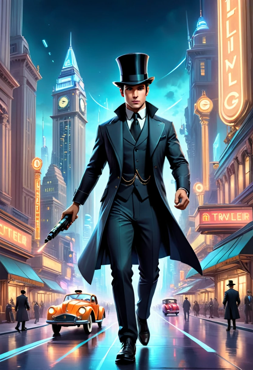Hyper-realistic digital painting of a Victorian-era time traveler stepping into a bustling futuristic city. The traveler, dressed in an elegant Victorian suit and top hat, holds a glowing time device. The city is filled with towering skyscrapers, flying cars, and neon lights. People in futuristic attire hurry by, unaware of the traveler's presence. The contrast between the traveler's old-fashioned look and the advanced technology around him creates a striking and intriguing scene. Cinematic composition, trending on ArtStation.