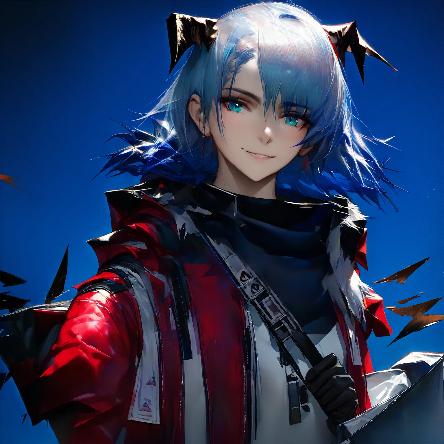 (woman), ((Mostima from arknights)), masterpiece, best quality, blue hair, ((short hair)), horns, plain white shirt, red fullbody coat, dark blue eyes, realistic anime style, smile, ((portrait)), black gloves, carring a bag.