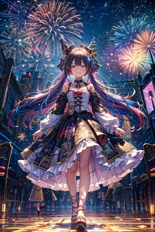 ((Fireworks Master)),Fireworks play a leading role，Fireworks display beyond imagination，An innocent smile、Glasses、never seen、Seven Colors,(One Girl, alone:1.6),(Cute Smile),(Her attire is simple), (Biggest impact:1.5), (Maximalism:1.7), Vivid contrast, (Realistic), 超Realisticなイラスト, High resolution, Very detailed, Absurd,(Fractal Art:1.3)、Random Hairstyles、Random Hair Color Colorful、Full Body Shot、Retro、Accurate focus、Random Pause、Cinema 4D、Drama