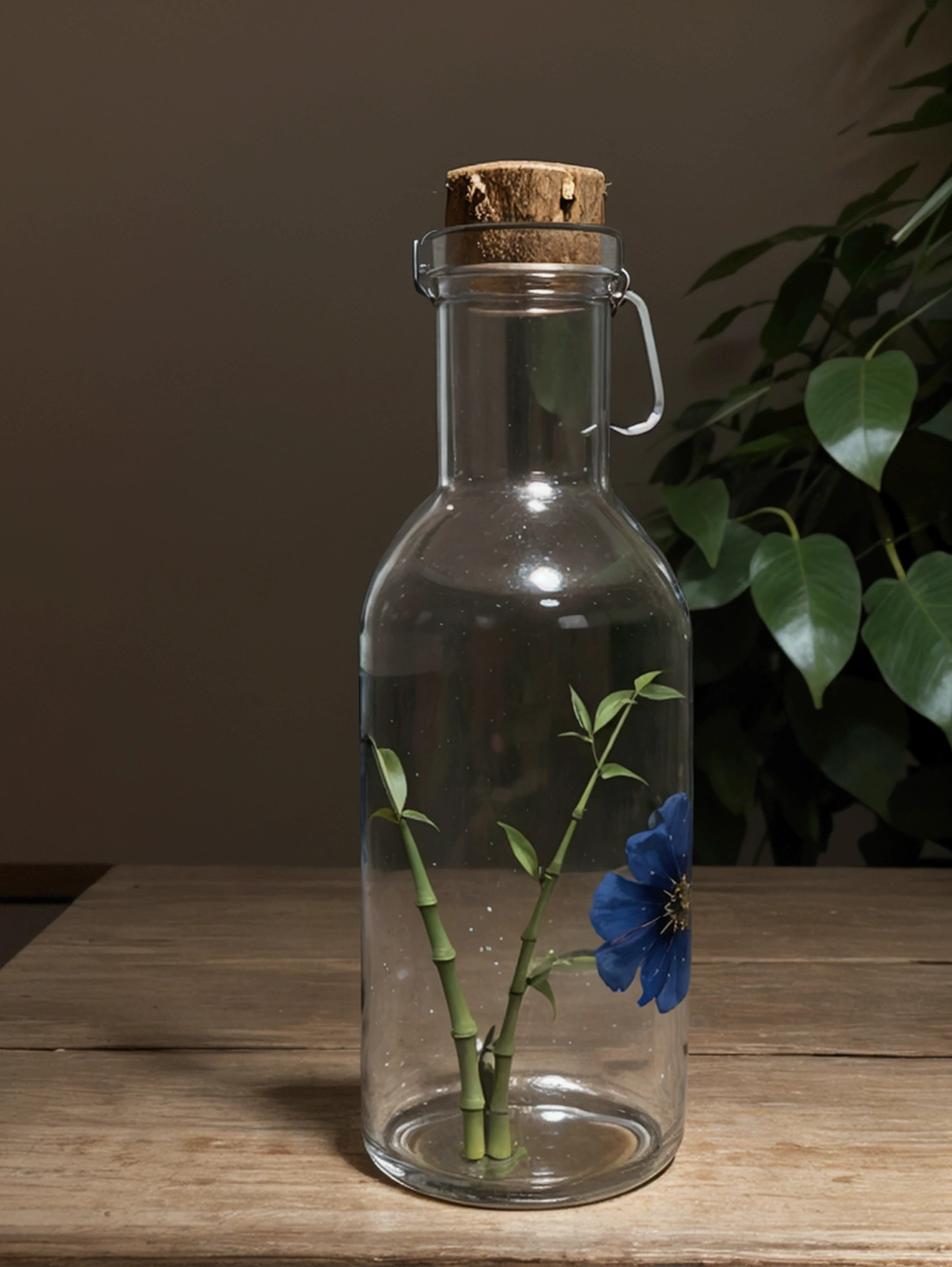 Use the Bottle in the suggested image as a reference, Generate a water bottle, should have a slight curve, similar to a hip, and be a little wider than usual. The bottle must be completely transparent. Fill the bottle with water, and also fill a similar glass of water. The bottle cap must have a bamboo straw integrated into one piece. On both sides of the bottle, place blue flowers and beautiful leaves in the background of the stage. Adjust the lighting to be hyper-realistic, with the light coming from the left side. Make sure everything appears to be in the same place at the same time. High quality image. Bring the camera closer to the bottle, make the bamboo lid with the Carrizo integrated into the design, give the bottle a rounded shape