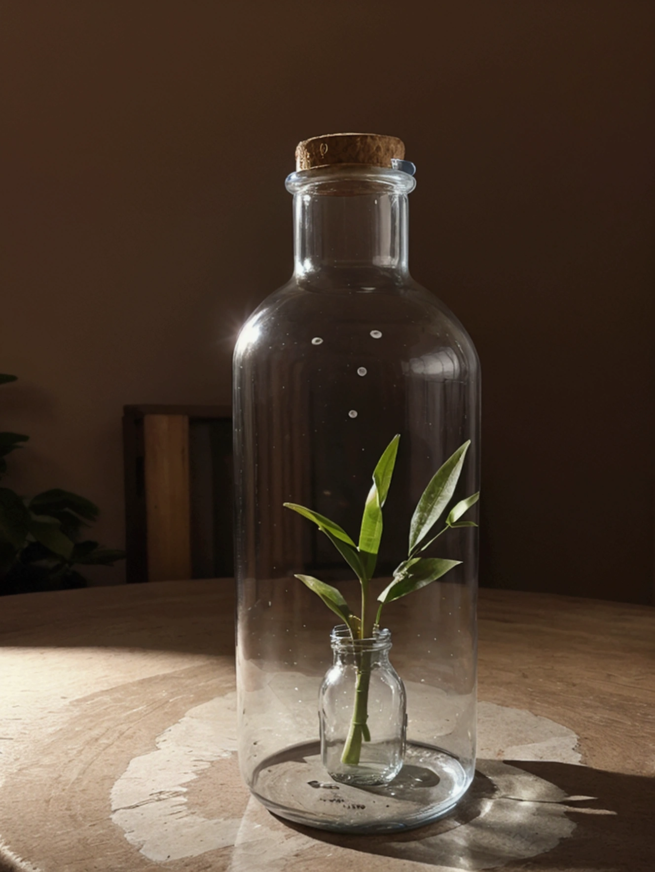 Use the Bottle in the suggested image as a reference, Generate a water bottle, should have a slight curve, similar to a hip, and be a little wider than usual. The bottle must be completely transparent. Fill the bottle with water, and also fill a similar glass of water. The bottle cap must have a bamboo straw integrated into one piece. On both sides of the bottle, place blue flowers and beautiful leaves in the background of the stage. Adjust the lighting to be hyper-realistic, with the light coming from the left side. Make sure everything appears to be in the same place at the same time. High quality image. Bring the camera closer to the bottle, make the bamboo lid with the Carrizo integrated into the design, give the bottle a rounded shape