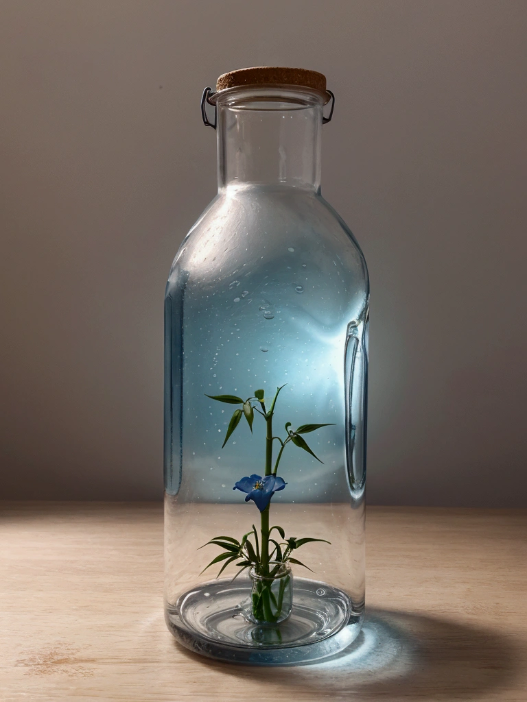 Use the Bottle in the suggested image as a reference, Generate a water bottle, should have a slight curve, similar to a hip, and be a little wider than usual. The bottle must be completely transparent. Fill the bottle with water, and also fill a similar glass of water. The bottle cap must have a bamboo straw integrated into one piece. On both sides of the bottle, place blue flowers and beautiful leaves in the background of the stage. Adjust the lighting to be hyper-realistic, with the light coming from the left side. Make sure everything appears to be in the same place at the same time. High quality image. Bring the camera closer to the bottle, make the bamboo lid with the Carrizo integrated into the design, give the bottle a rounded shape