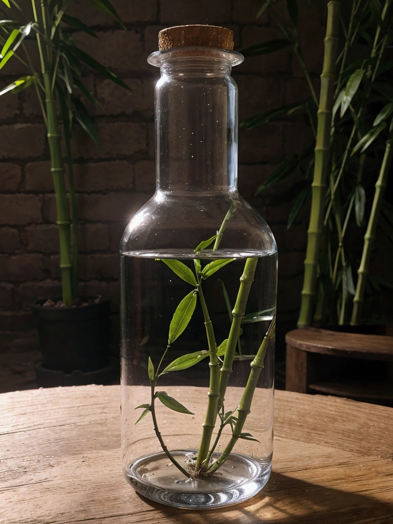 Use the Bottle in the suggested image as a reference, Generate a water bottle, should have a slight curve, similar to a hip, and be a little wider than usual. The bottle must be completely transparent. Fill the bottle with water, and also fill a similar glass of water. The bottle cap must have a bamboo straw integrated into one piece. On both sides of the bottle, place blue flowers and beautiful leaves in the background of the stage. Adjust the lighting to be hyper-realistic, with the light coming from the left side. Make sure everything appears to be in the same place at the same time. High quality image. Bring the camera closer to the bottle, make the bamboo lid with the Carrizo integrated into the design, give the bottle a rounded shape