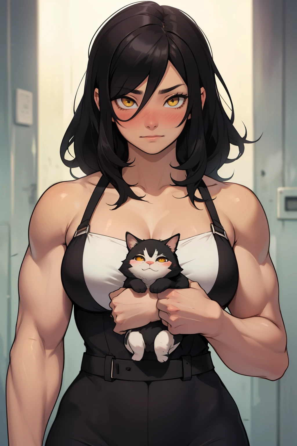 empty eyes empty eyes empty eyes blush muscular girl black hair yellow eyes pale skin large breasts