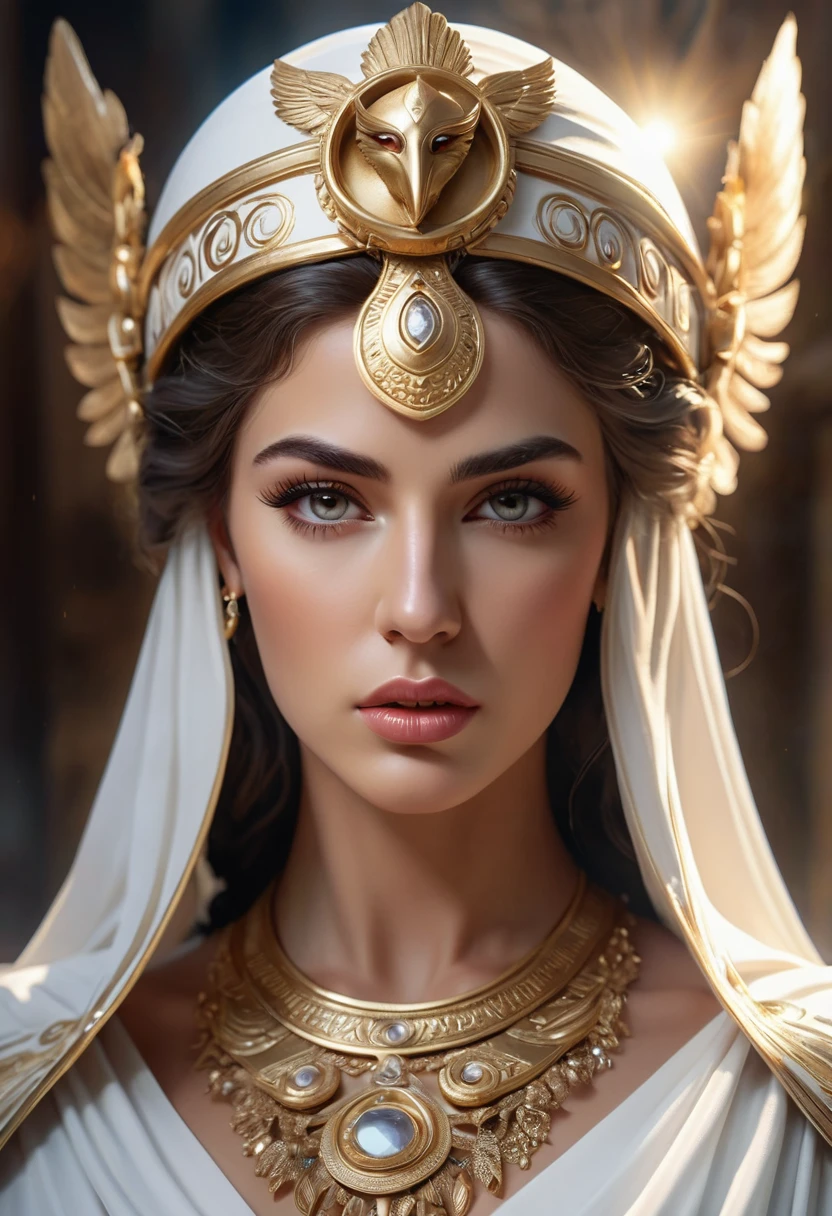 a beautiful greek goddess athena,goddess of wisdom and war,detailed face and eyes,beautiful detailed lips,long eyelashes,ornate headdress,flowing white robes,intricate jewelry,muscular female figure,revealing clothing,sensual pose,dramatic lighting,dynamic composition,cinematic,hyper realistic,digital art,highly detailed,8k,masterpiece,photorealistic