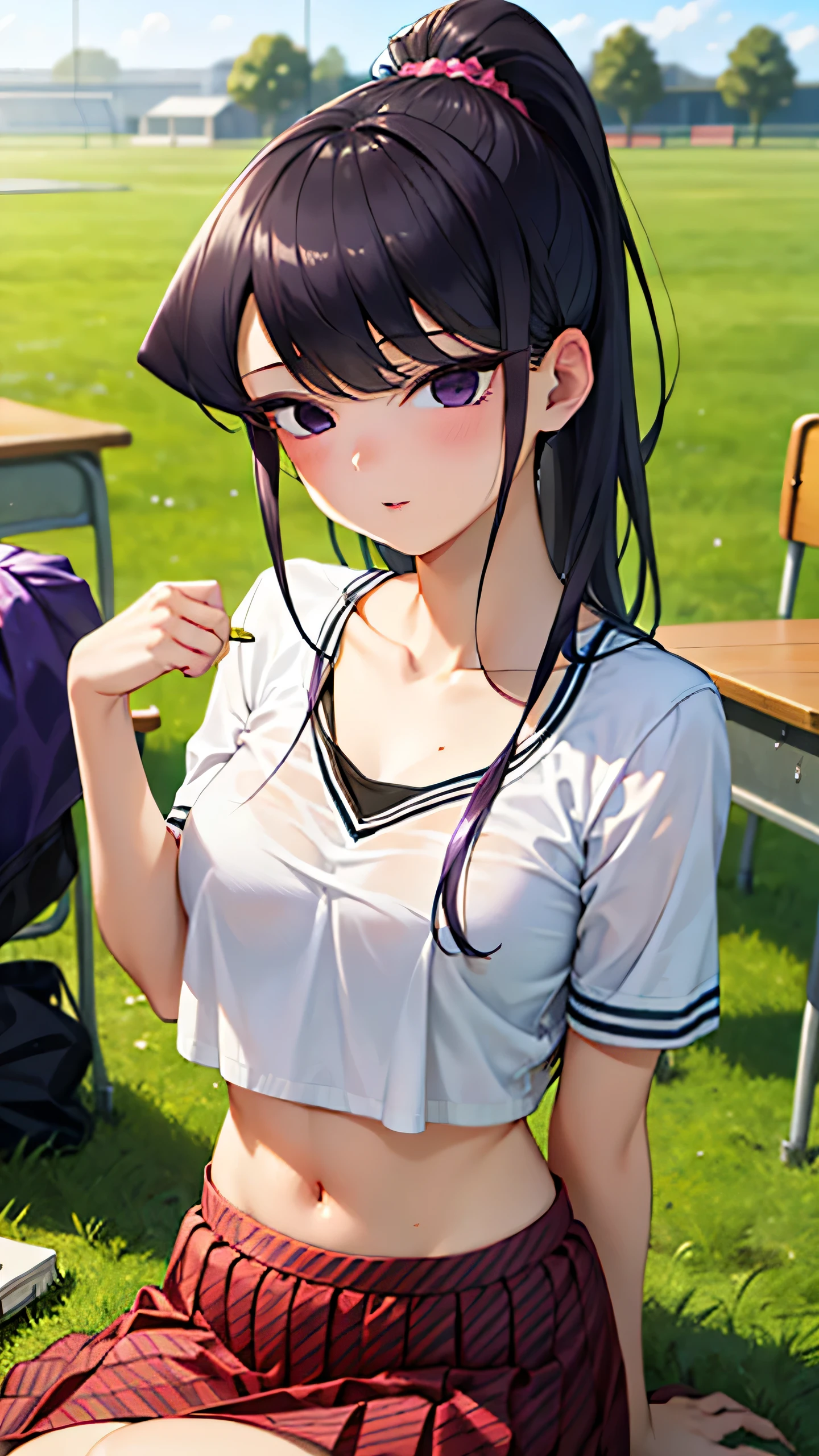 komishouko, 1girl, natural lighting, masterpiece, highly detailed, illustration, game CG, absurdres, high quality, purple eyes, beautiful detailed eyes, purple hair, long hair, ponytail, bangs, glossy lips, collarbone, cheerleader, midriff, school field