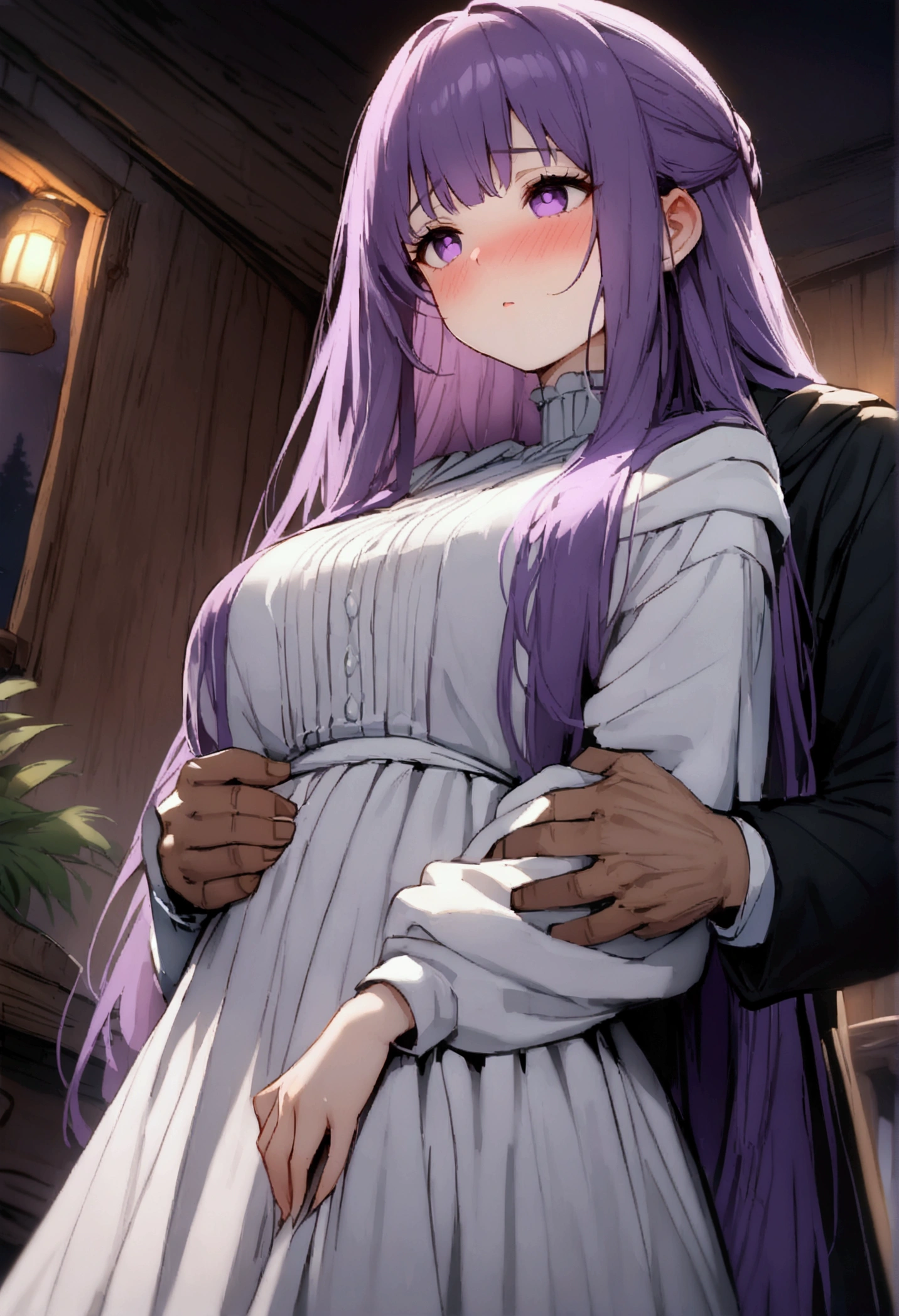 NSFW,masterpiece,Highest quality,High resolution,Super detailed,Fern\(Funeral of Frieren\),Purple eyes,Purple Hair,Long Hair,White Dress,Robe,blush,expectant face,Inn at night,bedroom,(Warrior Men),A man puts his hands on her waist and hugs her