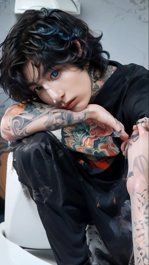 fit man with tattoos sitting on a toilet with his head resting on his hand, beautiful androgynous girl, androgynous, androgynous person, androgynous male, androginy, beautiful androgynous prince, finn wolfhard, androgynous face, an epic non-binary model, profile image, delicate androgynous prince