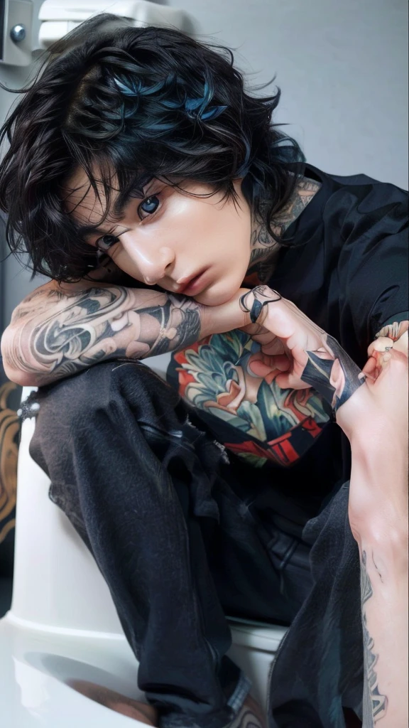 fit man with tattoos sitting on a toilet with his head resting on his hand, beautiful androgynous girl, androgynous, androgynous person, androgynous male, androginy, beautiful androgynous prince, finn wolfhard, androgynous face, an epic non-binary model, profile image, delicate androgynous prince