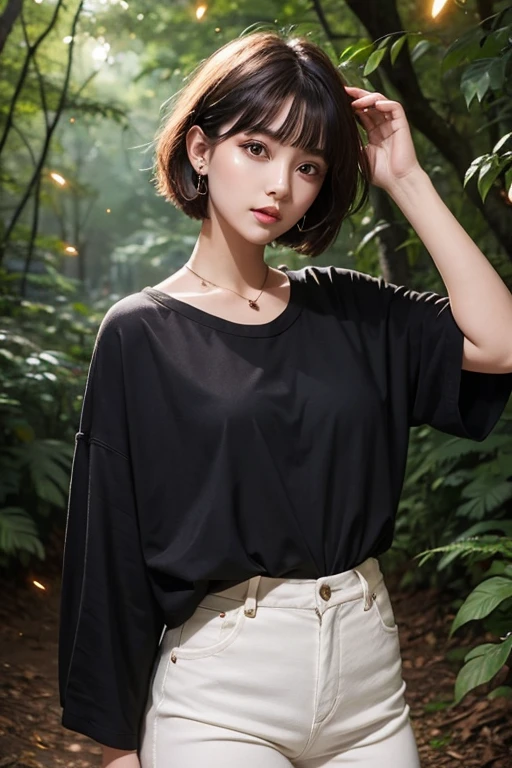 Girl with short hair amidst trees and fireflies in black jeans and oversized blouse