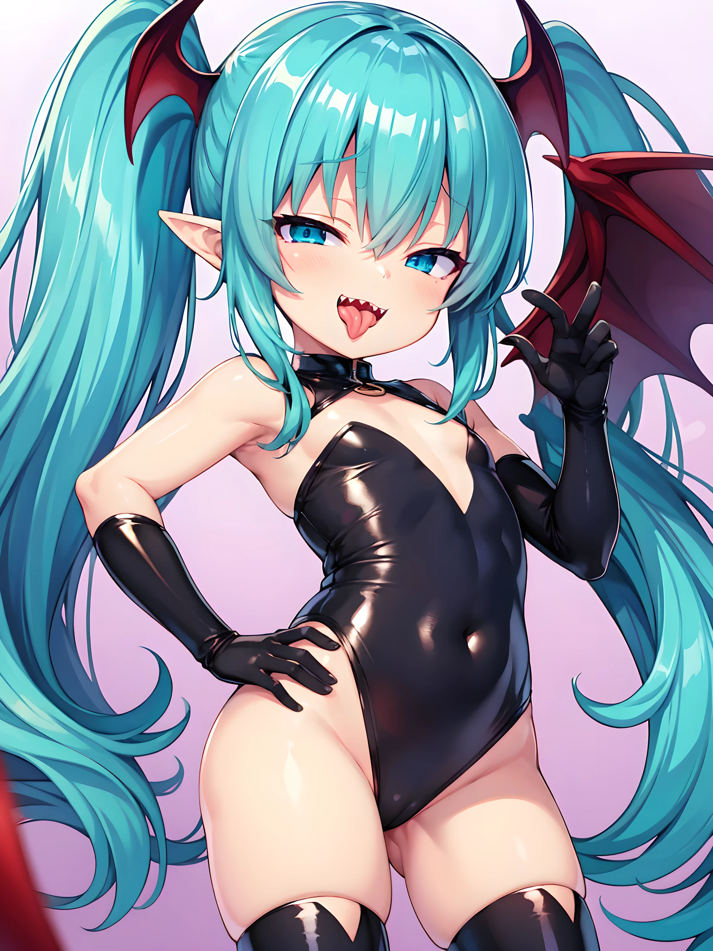 tachi-e, game cg, Highly detailed and realistic CG, Colorful, Masterpiece, Best Quality, jewel-like eyes, 1girl, solo, black hair, shiny hair, long straight hair, very long twintails, slender, skinny legs, succubus girl,succubus luxury dress, mini skirt, succubus boots, aqua blue eyes, flat chest, black elbow gloves, latex, smirk, smile, jitome, half-closed eyes, tsurime, simple background, from pov, best quality eyes, sharp teeth, tsundere, standing, contrapposto, hand on hip, (shiny skin:1.0), succubus wings, succubus tail, mesugaki, teasing, smug, cute girl, , open mouth, fangs, tongue out, pointy ears, pink heart tattoo, (Sharp Focus:1.2), Thin arms, Thin legs, outline, Evil Female Executive Succubus,