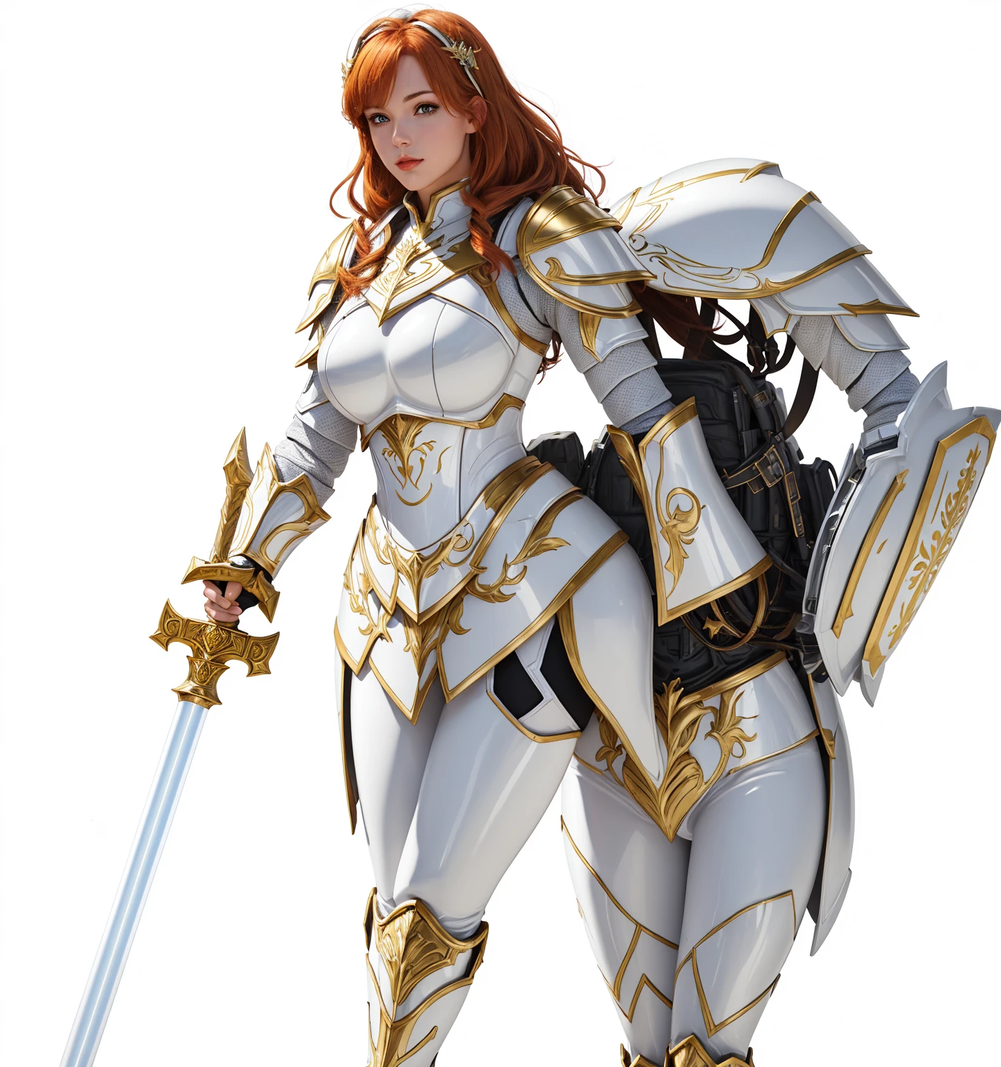 paladin, female, full armor, white armor, sexy, pretty face face, glowing armor, wonderfull, full body, Meilleure qualité, 1fille, seulement, gros seins, clivage, rideaux de poitrine, glowing sword, red white and gold shield color, red white and gold armor, ginger hair color, fin lips,