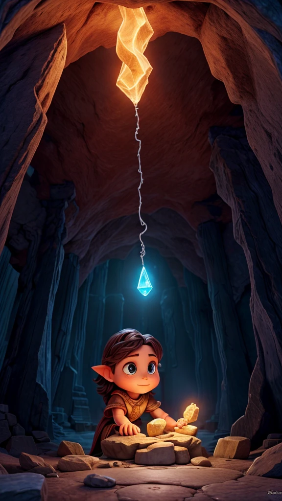 A dark cave illuminated by a brilliant light, revealing a gemstone adorned with ancient runes, capturing the moment of Elowen's awe and curiosity, HD, 4K, HIGH RESOLUTION