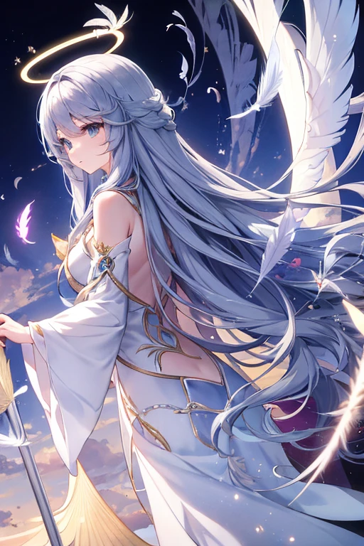 masterpiece, Highest quality, High resolution，Follow the on-screen instructions、Anime Style、Follow the prompts、One Girl、Long silver hair、Halo、Floating in the air、Use magic、Feather coat、I can see your back、Angle is behind