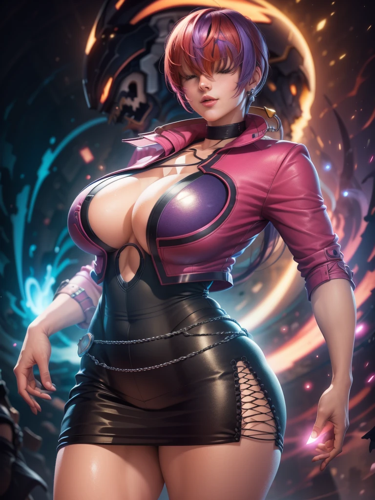 (night), in a video game scene with a neon background and a neon light,
Standing at attention,
pink suit, pink jacket, choker, neckline, clothing cut, 
earrings,
 purple hair, bangs covering eyes ((hair over eyes)),
1 girl, 20 years old, Young woman, Beautiful finger, Beautiful long legs, Beautiful body, Beautiful nose, Beautiful character design, perfect face,
looking at viewer (focusing on his face), mouth closed, Light_Smile,
official art, extremely detailed CG unity 8k wallpaper, perfect lighting, colorful, bright front lighting, shiny skin,
(masterpiece: 1.0), (best_quality: 1.0), ultra-high resolution, 4K, ultra-detailed,
photography, 8K, HDR, high resolution, absurdities:1.2, Kodak portra 400, film grain, blurred background, bokeh:1.2, lens flare, (vibrant_color:1.2), professional photography,
(Beautiful, big_breasts:1.4), (beautiful_face:1.5), (narrow_waist),