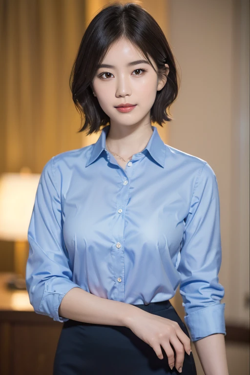 One girl, short hair,Black Hair,smile,Inside the room, summer,navy blue,blouse,Unbutton it,Bed,Sit down,Innocence,cute,Baby Face,Junior high school freshman,A small cleavage on the chest,Look here,transparent, (masterpiece, Highest quality), Soft Light, Structure of the film, Like a movie