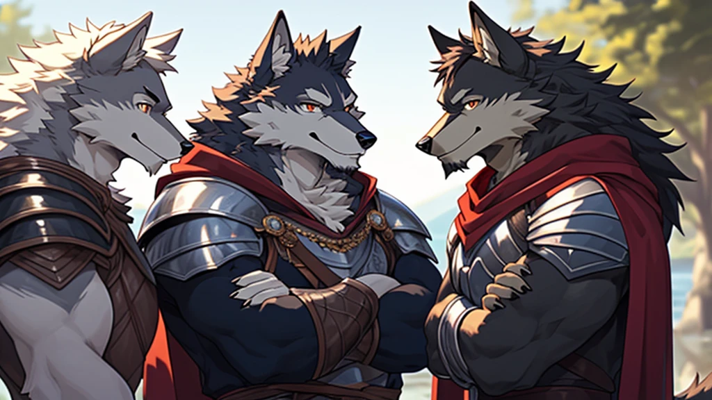 Couple of y young anthro furry wolf males mercenary medieval soliders, slim endomorph muscular, anthro handsome gay shorter muzzle, handsome gay model male apperance, sword scars, worn out leather skimpy armament, low on hips heavy leather belt, old very worn out skimpy dirty linen material jockstrap, old yellow dirty worn out stains on white sawn bulge jockstrap, very visible "x" brown seam pattern on the jockstrap, studded skimpy armlets brete armor, skimpy breastplaather bondages, fingeeather gloves, smelly unwashed husk, dirty body look, desert battlefield, one hugs gropes his partner froind, rubs his jockstrap against his partner ass anus, touches him gropeis jtrap and torso, kihis neck, both are blushing, both are horny, bulgy jockstrap, precum, legs wien, side view