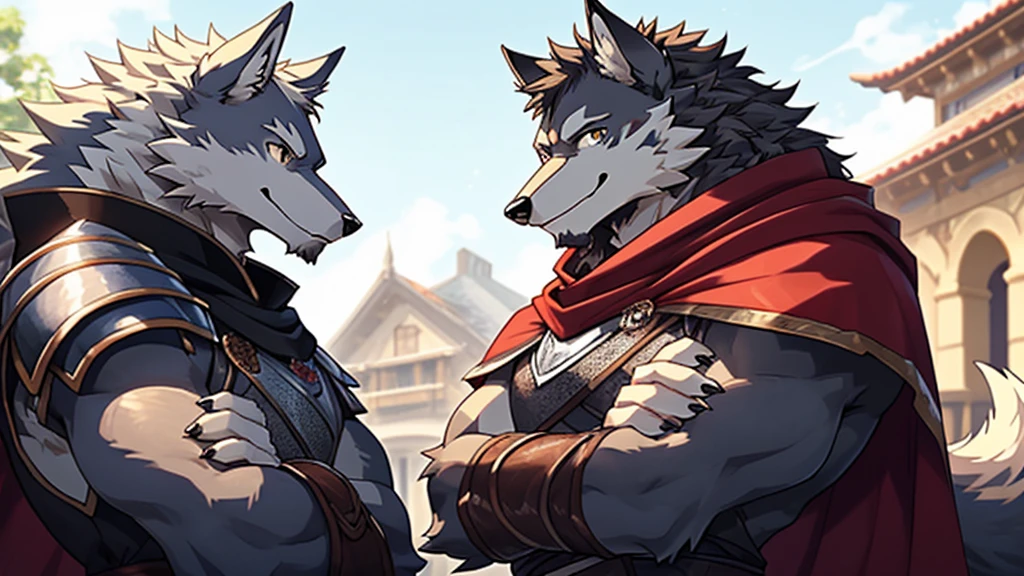 One scene of movie, depth of field, motion blur, absurdres, looking at viewer, (best quality), (masterpiece), (ultra detailed), sharp focus, niji, eyesgod, black eye, furry, trio, light-white fur, brown fur, black beard, close up face, profile picture, crossed arms, wink eye, smile, anthro (wolf), male, (wolf), middle-aged, muscular, knight costume, long red cherry cloak, ultra detailed face, Stylish