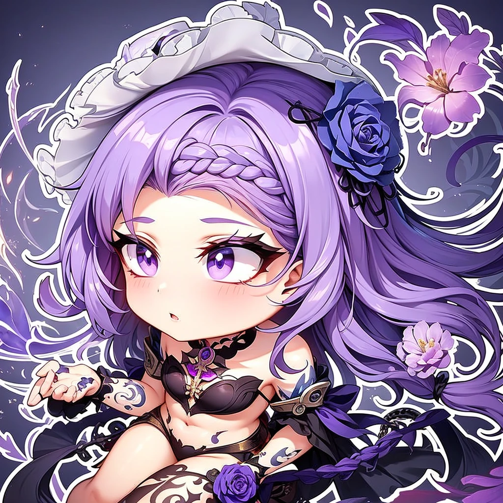 Adult elf girl. Witch, witch hat, flowers in hair. Purple hair, purple hair. Medieval. Tattooed. chibi,